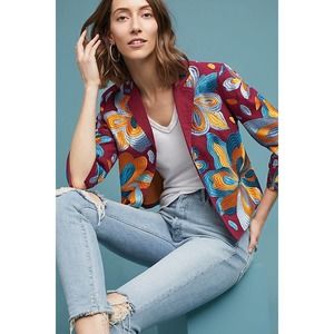 Anthropologie ett:twa Woodstock Floral Embroidered 3/4 Sleeve Boxy Jacket Large